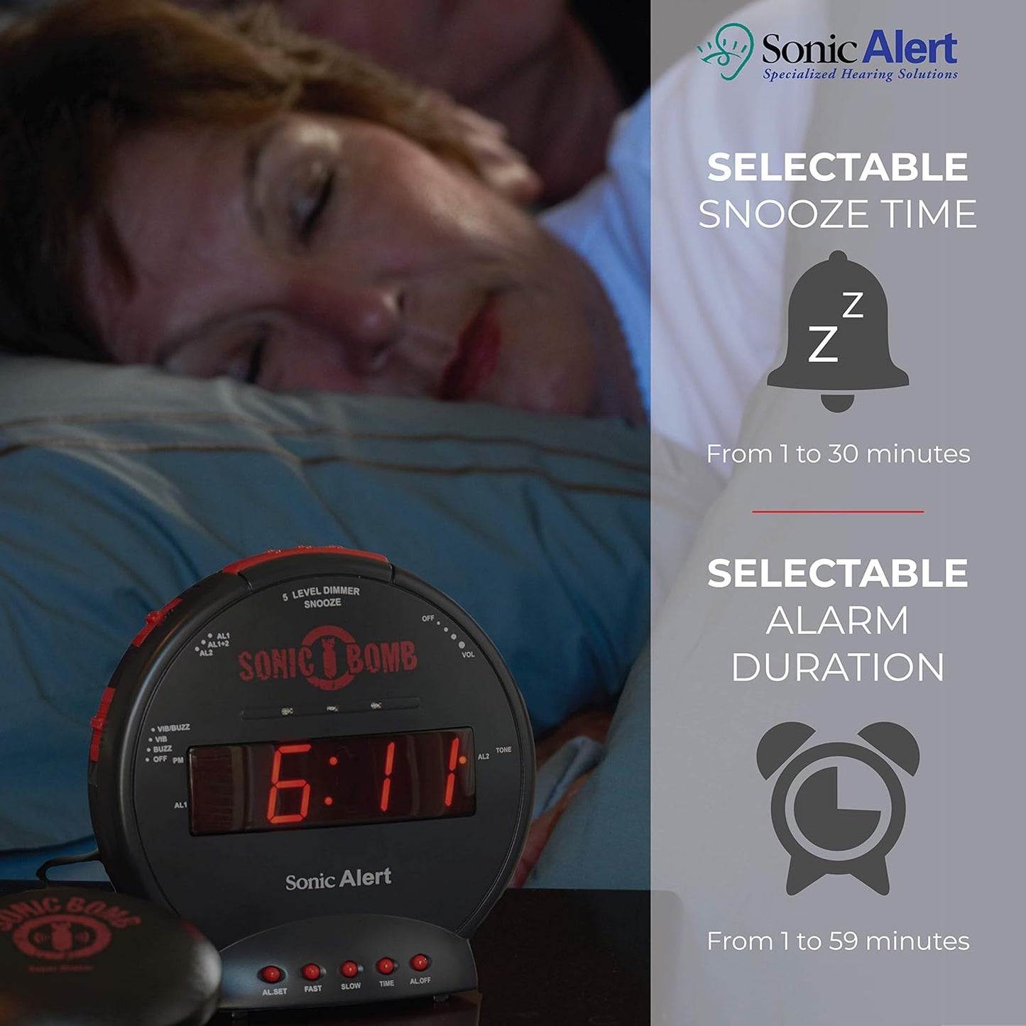 Sonic Alert Sonic Bomb Dual Alarm Clock with Bed Shaker, Black Vibrating Alarm Clock Heavy Sleepers, Battery Backup | Wake with a Shake