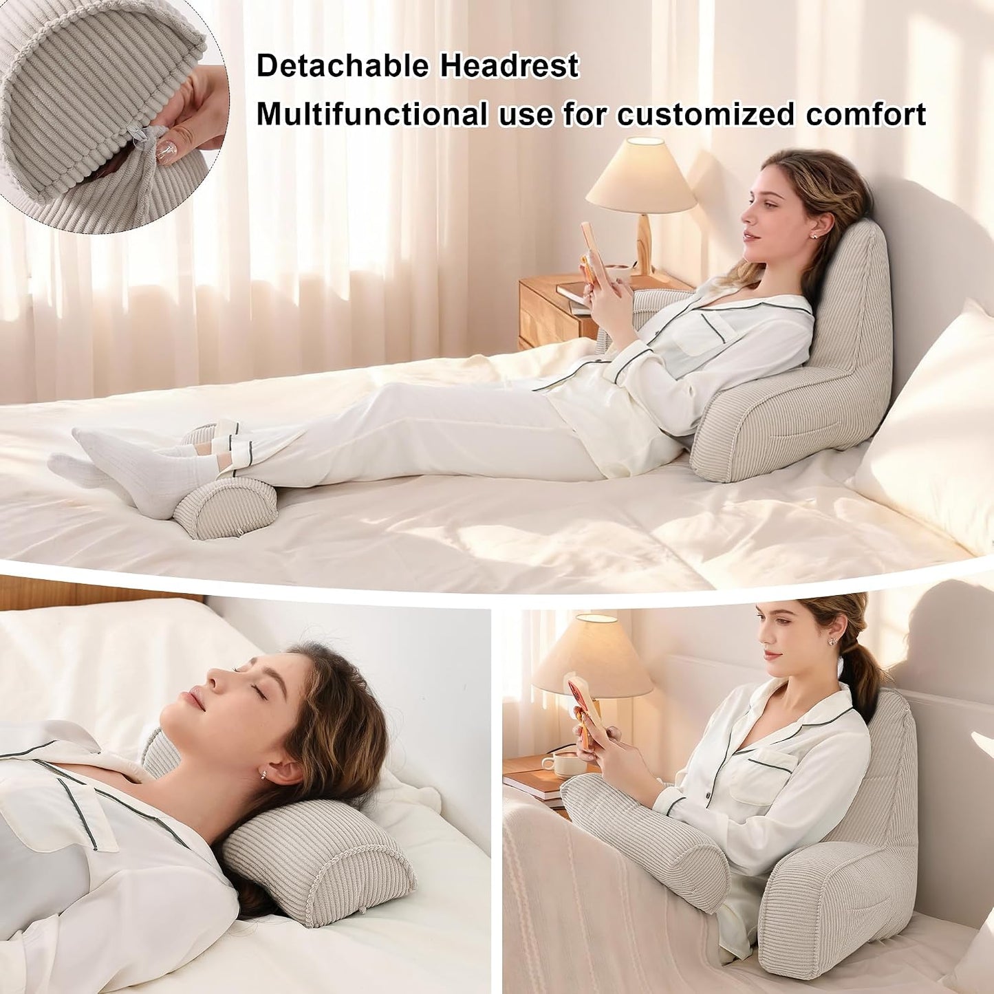 Reading Pillow for Sitting Up in Bed, Corduroy Backrest Pillow with Arms, Side Pocket & Washable Cover, Bed Rest Pillow Back Support for Adults, Beige Gray