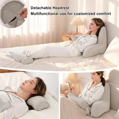 Reading Pillow for Sitting Up in Bed, Corduroy Backrest Pillow with Arms, Side Pocket & Washable Cover, Bed Rest Pillow Back Support for Adults, Beige Gray