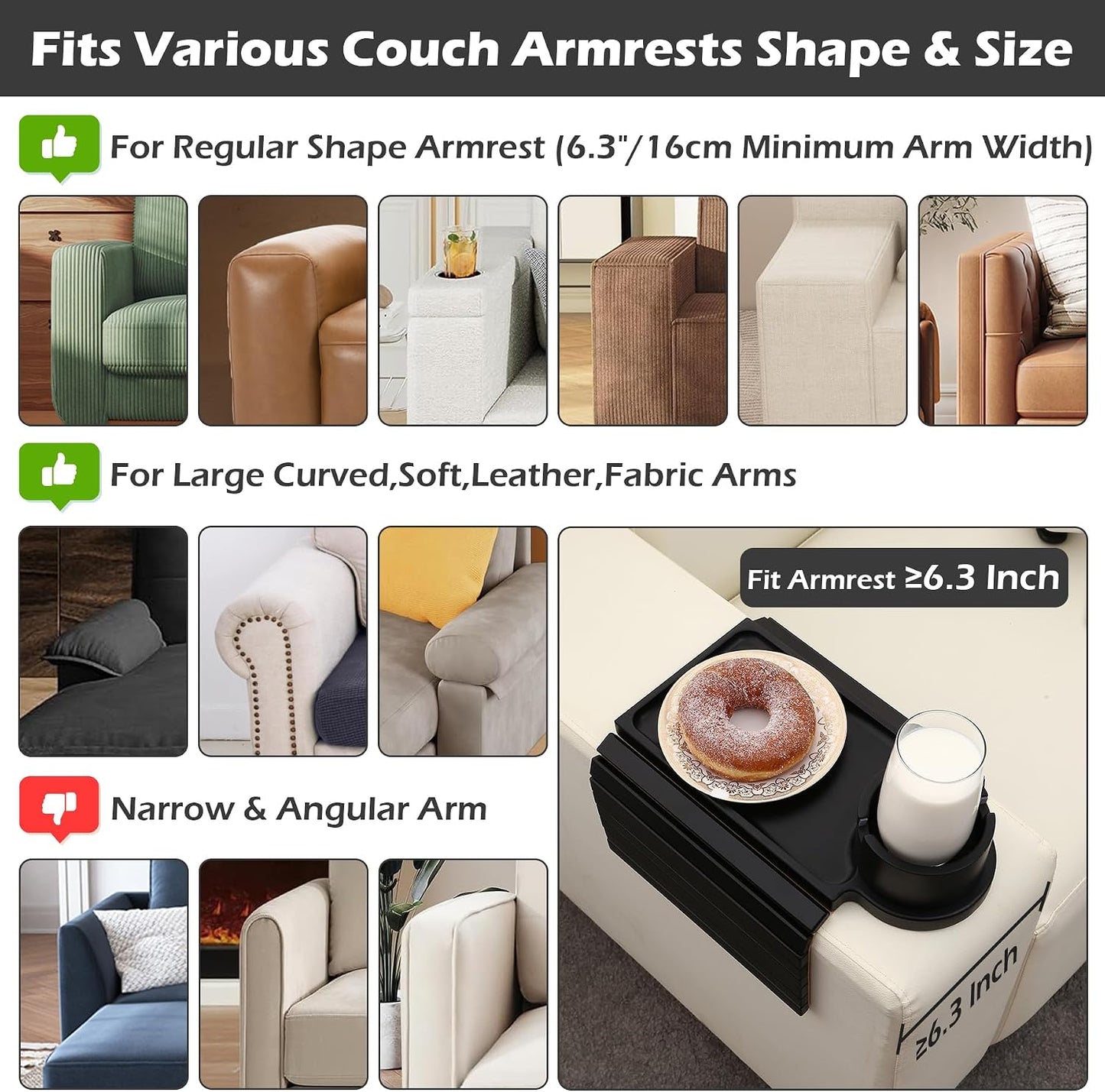 GHKINMAL Couch Cup Holder Tray, 3 in 1 Couch Arm Trays,Large Bamboo Chair Arm Rest Tray with 360° Cup Holder,Removable Anti-Slip Organizer for Snack Eating