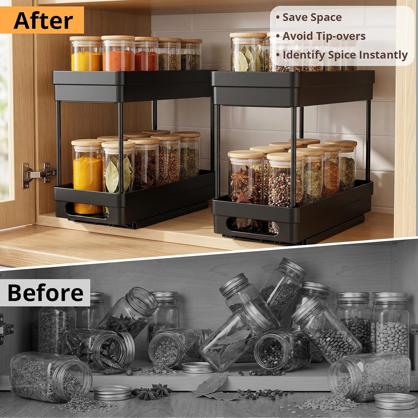 Pull Out Spice Rack Organizer for Cabinet, 3 Packs Slide Out Spice Racks Organizer, Spice Cabinet Organizers, Cabinet Size Need:12'' Highx11'' Deepx5'' Wide,Each Tier Hold 10 Spice Jar - 2 Tier, Black
