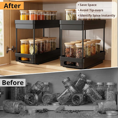 Pull Out Spice Rack Organizer for Cabinet, 3 Packs Slide Out Spice Racks Organizer, Spice Cabinet Organizers, Cabinet Size Need:12'' Highx11'' Deepx5'' Wide,Each Tier Hold 10 Spice Jar - 2 Tier, Black