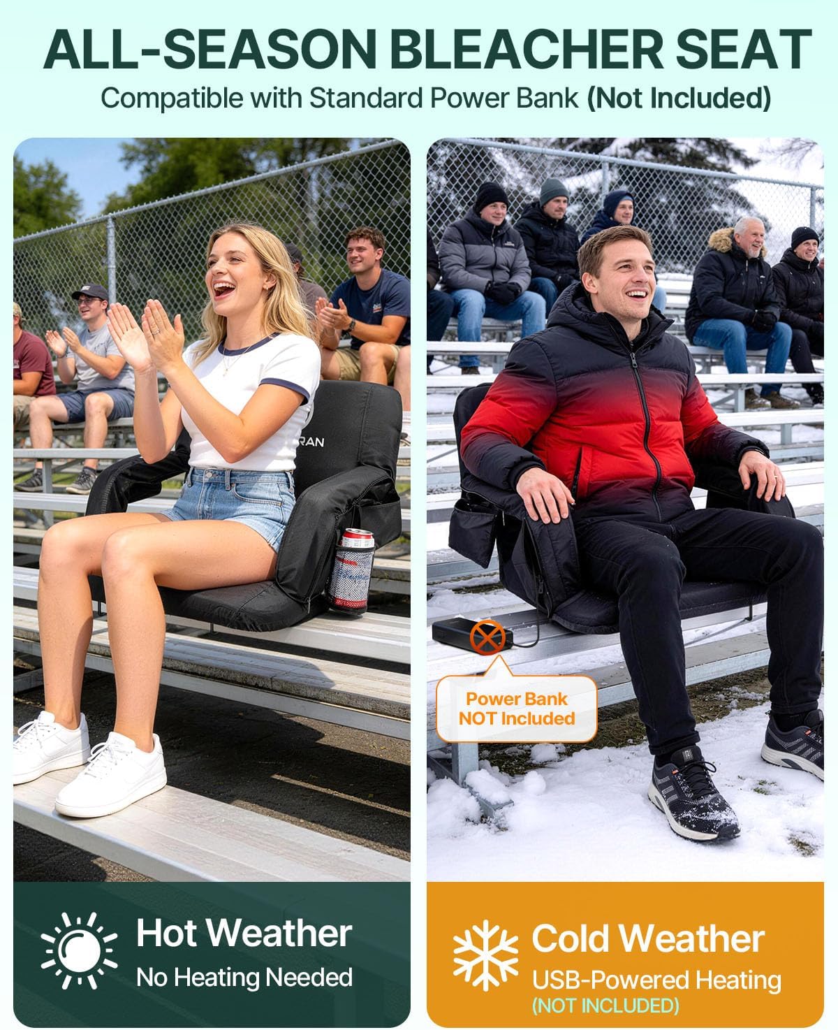 HOPERAN 21" Heated Stadium Seats for Bleachers with Back Support, Black 2PC | Seat & Back Heat Wired Control, 3 Heat Levels (NO Battery), Soft Cushion, 6 Recline, Anti-Slip, Side Pockets, Backpack Straps