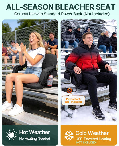 HOPERAN 21" Heated Stadium Seats for Bleachers with Back Support, Black 2PC | Seat & Back Heat Wired Control, 3 Heat Levels (NO Battery), Soft Cushion, 6 Recline, Anti-Slip, Side Pockets, Backpack Straps