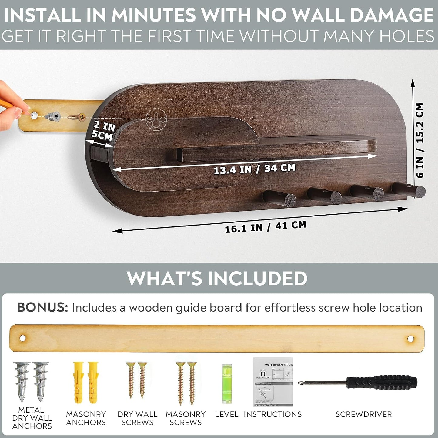 Solid Wood Mail and Key Holder for Wall Decorative Display - Includes Mail Holder, Shelf with Hooks for Keys & Pegs for Hanging Hats, Coats, Bags, Backpacks & More - Sleek Modern Design, Walnut Brown