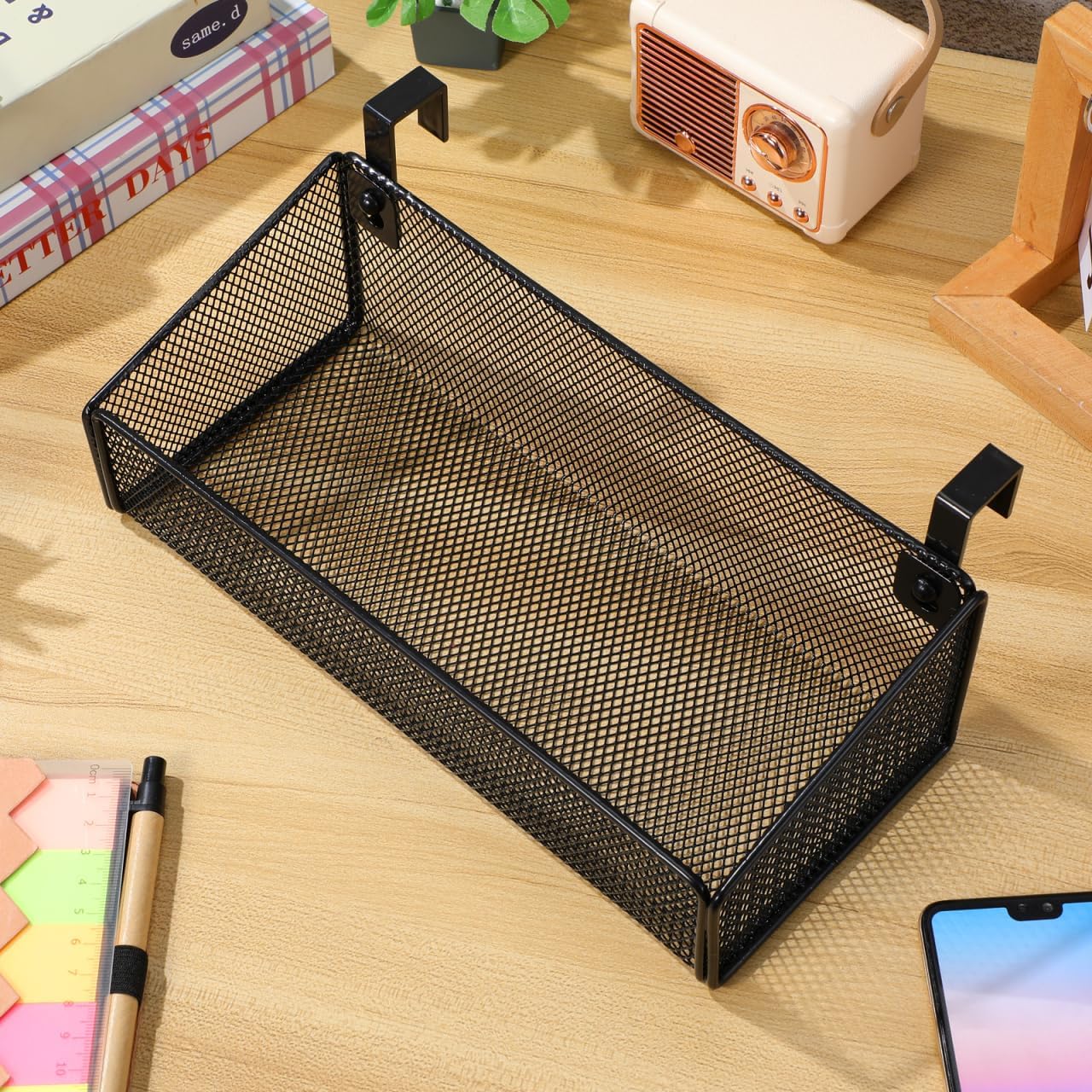Bedside Hanging Basket, Black Metal Wire Mesh Storage Organizer Caddy, Over The Bunk Bed Headboard Cubicle Shelf Rack for College Dorm Office Desk Phone Book Storage, 10.4 x 4.7 In