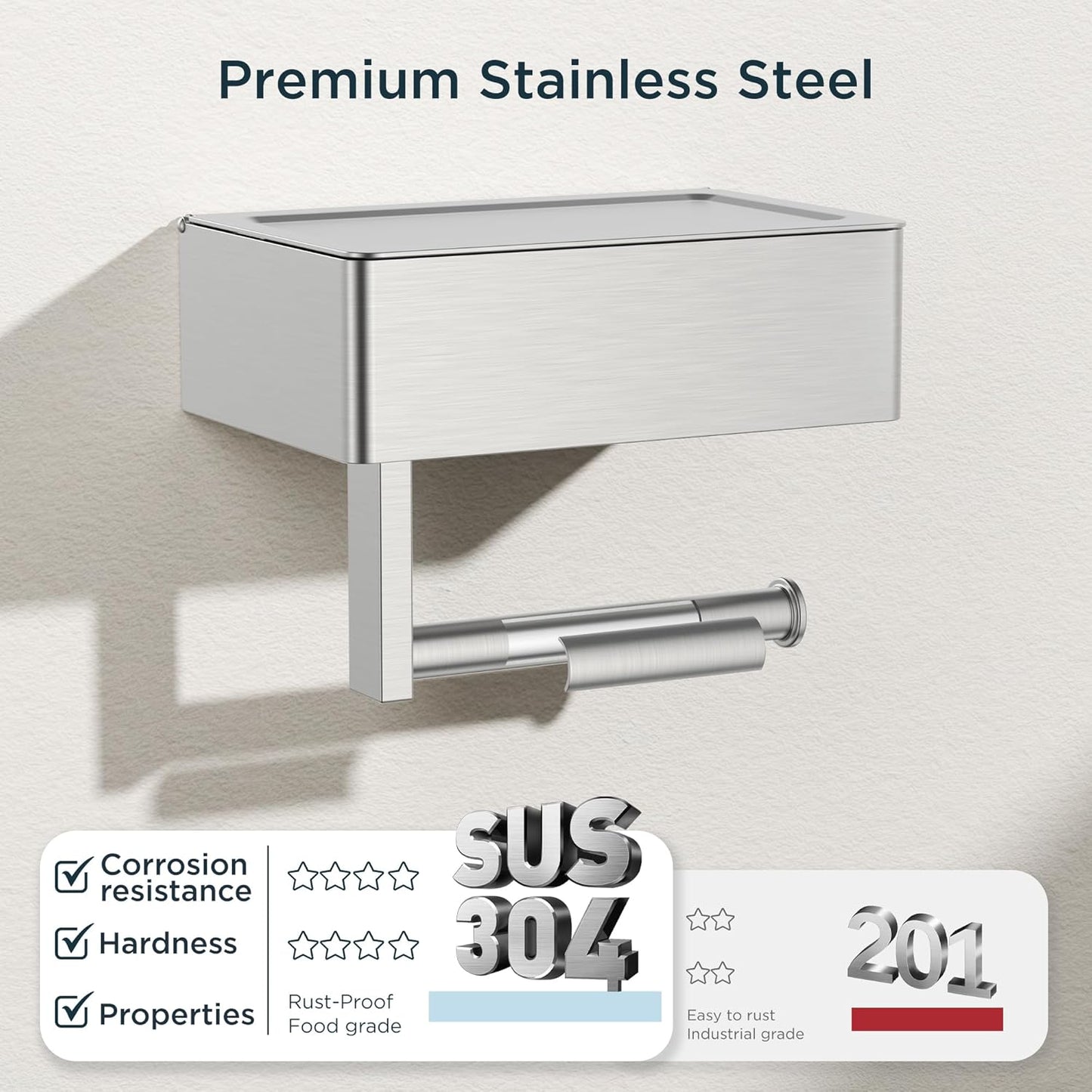 FORIOUS Toilet Paper Holder with Shelf, Wall-Mounted Modern Wipes Dispenser | Brushed Nickel | Toilet Paper Holder with Storage for Bathroom | Fits Wipes, Sanitary Napkin, Tampon | 8.0"x5.3" Large Shelf