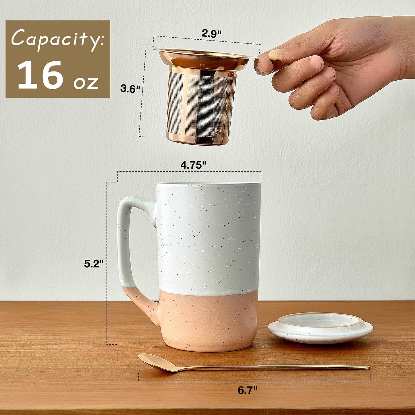 Gencywe Ceramics Large Tea Cup with Loose Leaf Infuser, Spoon and Lid, 16 oz Tall Coffee Mug, Microwave and Dishwasher Safe, Rustic Matte Ceramic Glaze, Tea Strainer, Amber