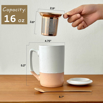 Gencywe Ceramics Large Tea Cup with Loose Leaf Infuser, Spoon and Lid, 16 oz Tall Coffee Mug, Microwave and Dishwasher Safe, Rustic Matte Ceramic Glaze, Tea Strainer, Amber