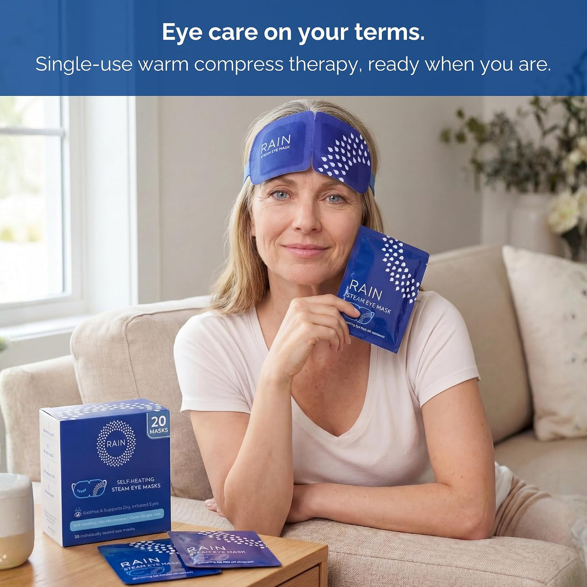 Rain - Heated Eye Mask for Dry Eyes, Self Heating Steam Eye Masks Disposable, Warm Compress for Eyes, Stye Treatment, Moist Heat, Unscented, No Microwave, Travel Ready (20 Masks)
