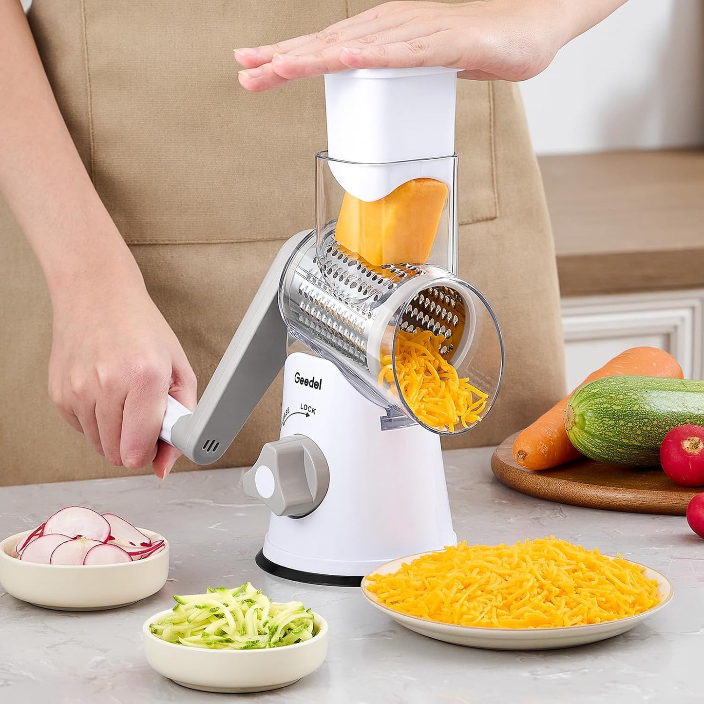 Geedel Rotary Cheese Grater, Kitchen Mandoline Vegetable Slicer with 3 Interchangeable Blades, Easy to Clean Rotary Grater Slicer for Fruit, Vegetables, Nuts | 3 Blades, 430 Stainless Steel, 12x Fast Cutting, Strong Suction Base, No BPA, Dishwasher Safe,
