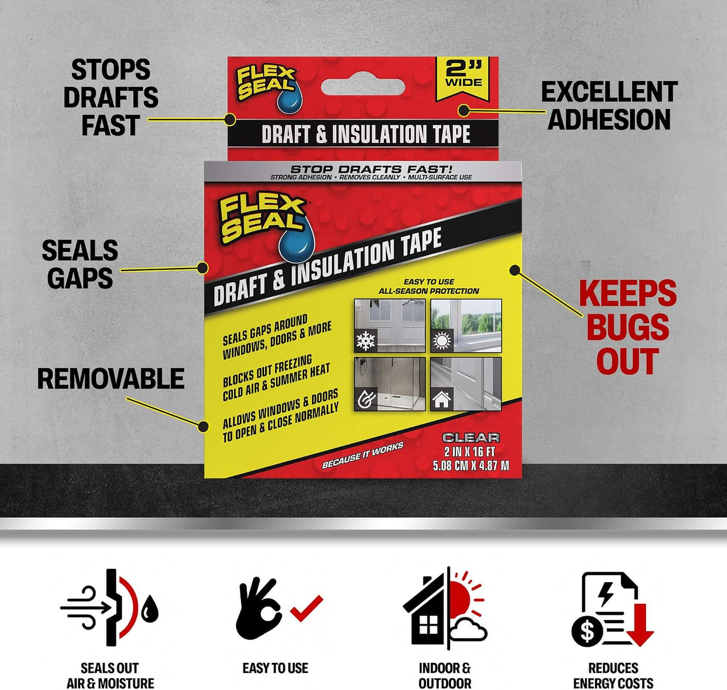 Flex Seal Draft and Insulation Sealing Tape, Flexible, Rubberized, Weatherproof Strip for Windows, Doors, Vents, Works on Wood, Glass, Tile, Metal, Plastic, Fiberglass, Clear, 2 in x 16 ft, Pack of 1