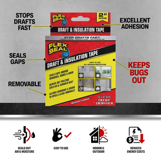 Flex Seal Draft and Insulation Sealing Tape, Flexible, Rubberized, Weatherproof Strip for Windows, Doors, Vents, Works on Wood, Glass, Tile, Metal, Plastic, Fiberglass, Clear, 2 in x 16 ft, Pack of 1