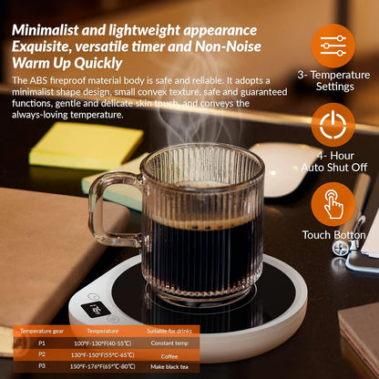 Mug Warmer, Upgrade Coffee Warmer & Cup Warmer for Desk with 3 Temperature Settings, More Hot Coffee Mug Warmer with Timer, 4H Auto Shut Off for Keep Best Flavor for Cocoa, Tea, Water, Milk, White