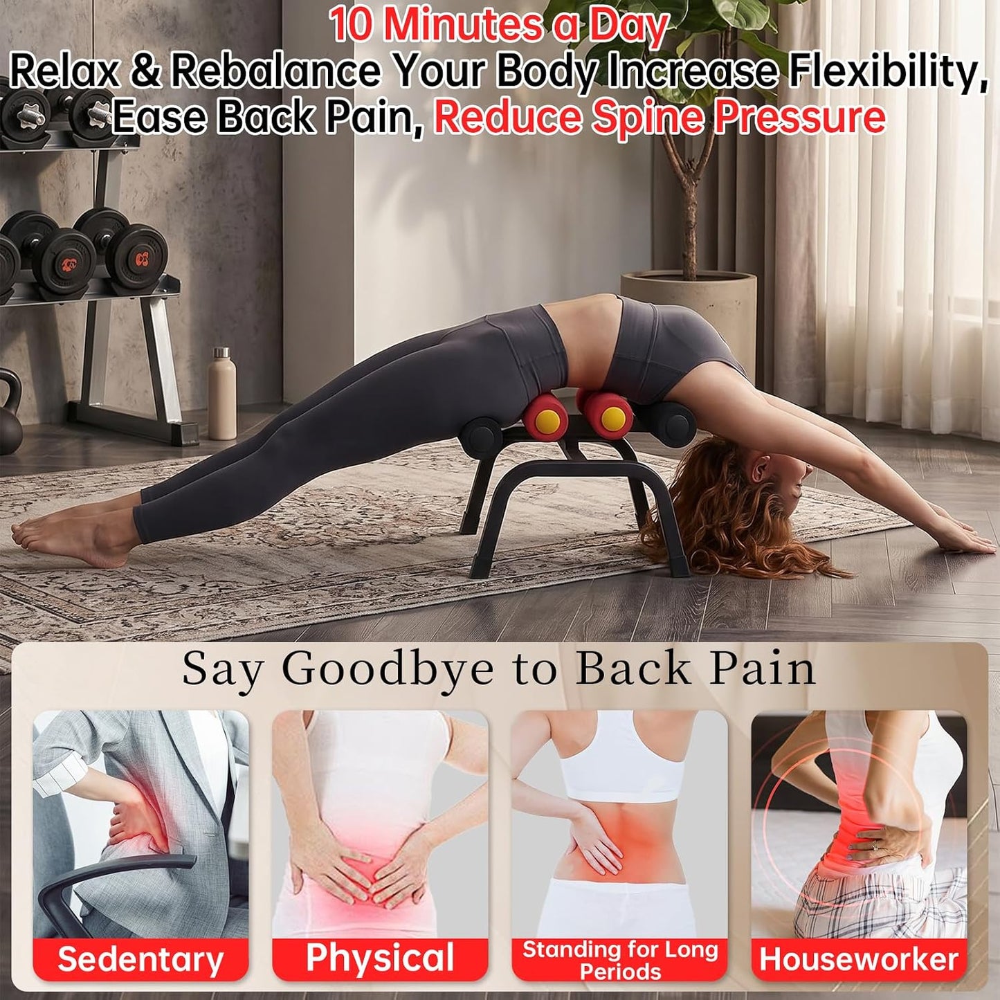 Mini Inversion Table with Back Massage Roller, Back Stretching Machine | Back Pain Relief, Easy to Assemble & 297LBS Weight Capacity, Spinal Decompression Table for Home Gym