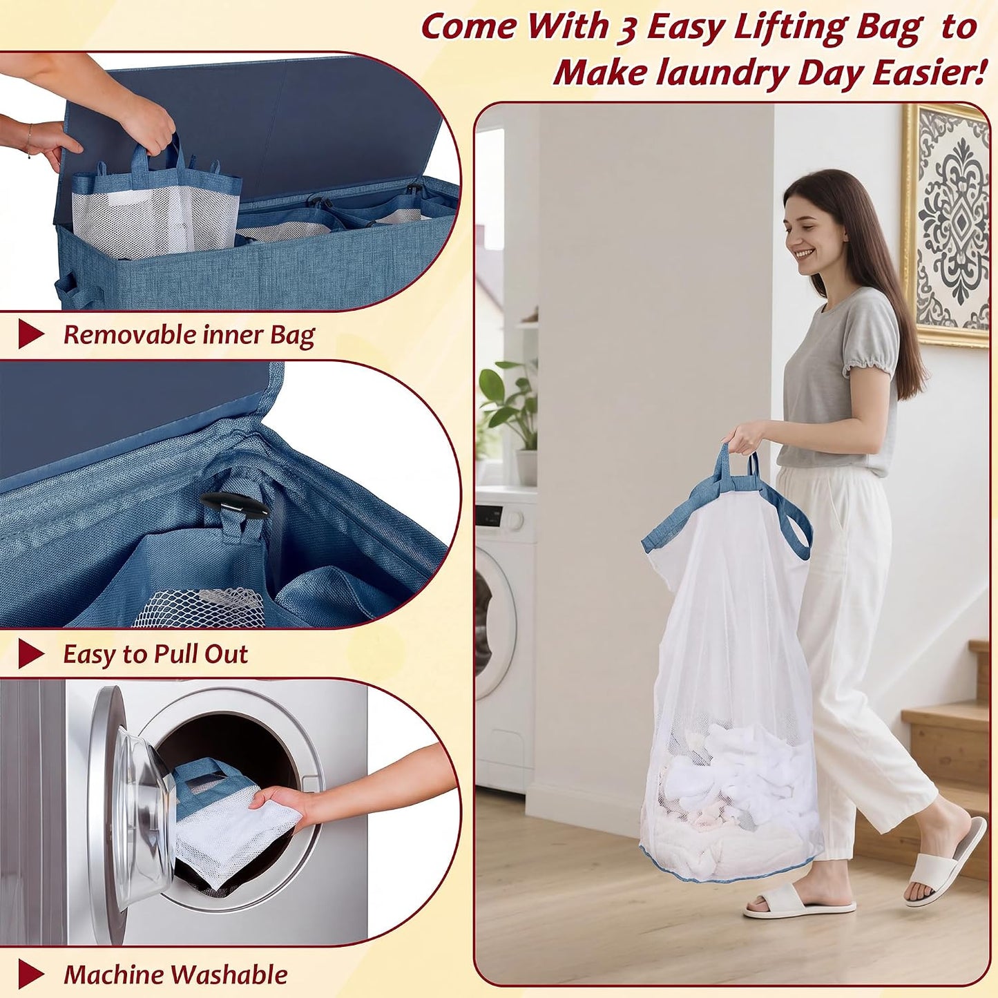 195L Laundry Hamper 3 Section,Large Laundry Hamper with Lid,Dirty Clothes Hamper with 3 Inner Bags,Collapsible Laundry Basket Organizer for Laundry Room,Bedroom,Laundry Sorter Hamper 3 Compartment