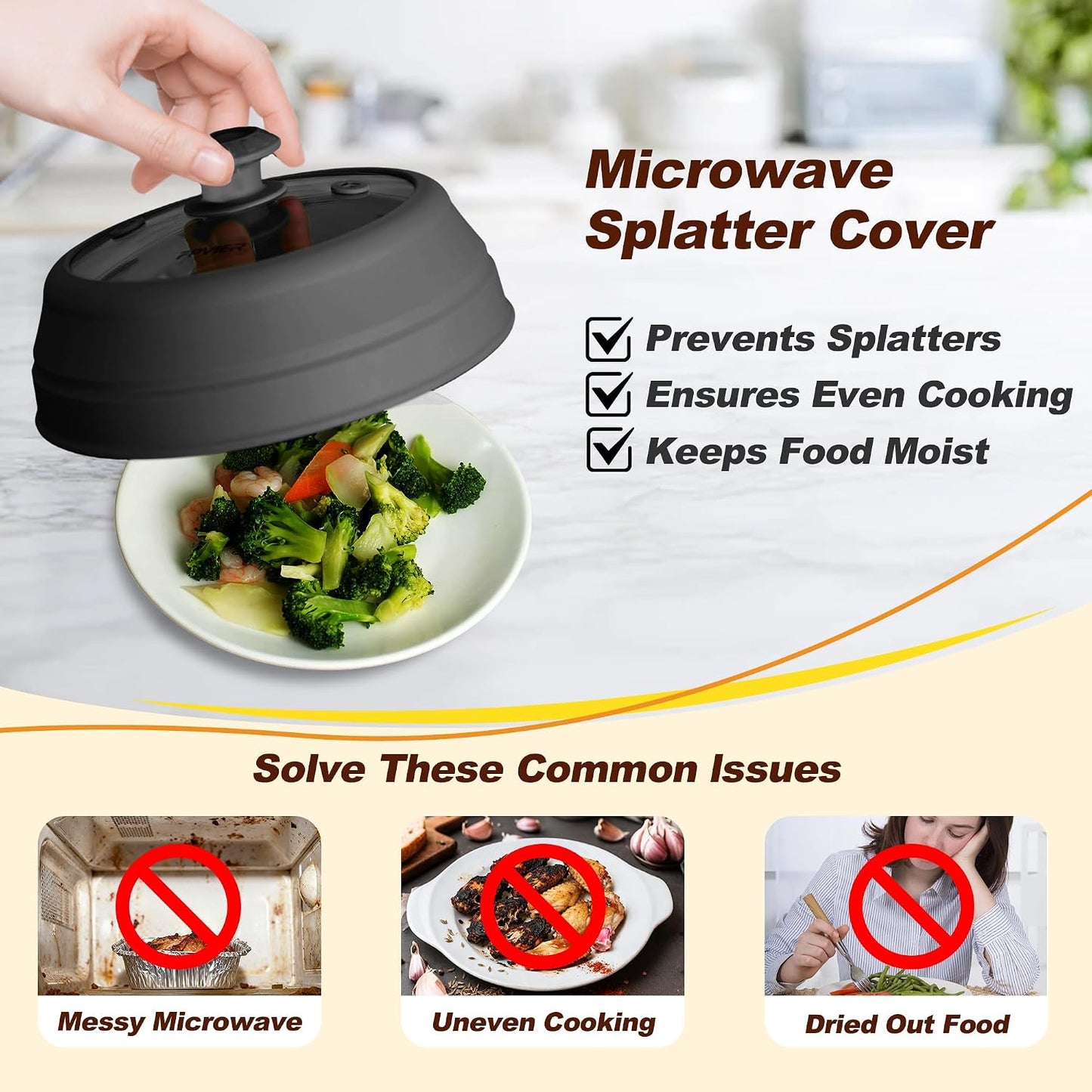 Microwave Splatter Cover, Vented Silicone & Glass Anti-Splatter Lid with Handle, Collapsible Food Plate Cover Fits 6–11 Inch Plates and Bowls (Black, 10.8inch)