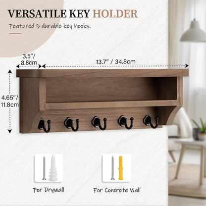 Nekon Key Holder Wall Mount, Wall Organizer Shelf with 5 Key Hooks | Wall Mounted Key Rack Room Decor for Home and Apartment Essentials