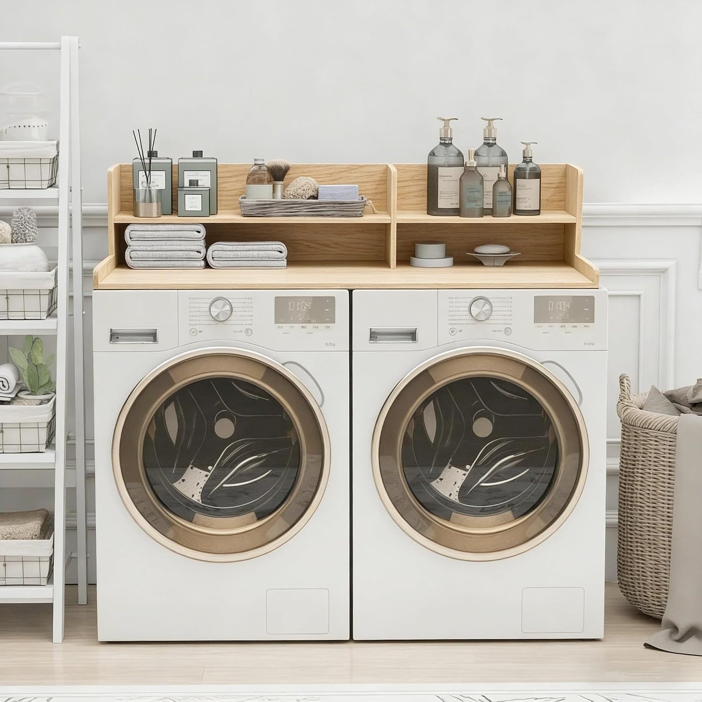 2 Tier Wooden Washer Dryer Topper, Large Laundry Countertop Cover, Walnut | Washer And Dryer Topper Non-Slip Pads,Over Washer And Dryer Shelves For Clothes Folding,Space Saving Laundry Room Organizer