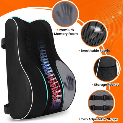 CloudBliss Lumbar Support Pillow, Memory Foam for Office Chair, Black | Ergonomic High-Density Memory Foam, Adjustable Straps, Washable Mesh Cover, Lower Back Support for Office, Gaming & Car Seat