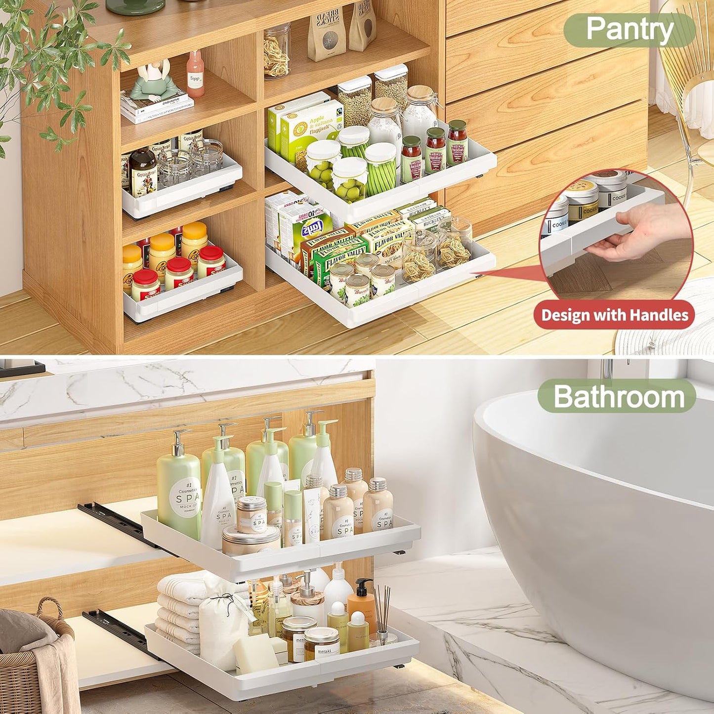 DOMNIU Pull Out Cabinet Organizers Expandable,White,16.9"Depth,2 Pack | Slide Out Drawers for Kitchen, Bathroom, Pantry, Under Sink Storage, Fixed with Adhesive Nano Film (11.6''-17.5'')