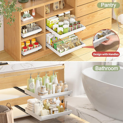 DOMNIU Pull Out Cabinet Organizers Expandable,White,16.9"Depth,2 Pack | Slide Out Drawers for Kitchen, Bathroom, Pantry, Under Sink Storage, Fixed with Adhesive Nano Film (11.6''-17.5'')