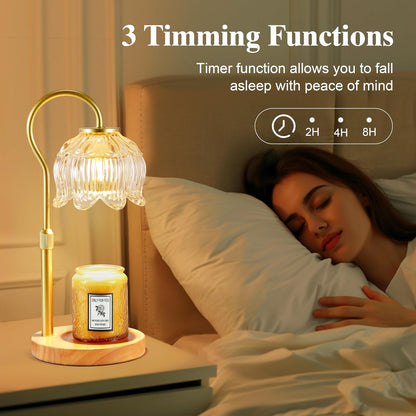 Dreamholder Electric Candle Warmer Lamp with Timer & Dimmer, Adjustable Height Wax Melt Warmer for Jar Candles, Wood Base Candle Melter, Floral Home Decor Gifts for Women, Mom, Natural Wood