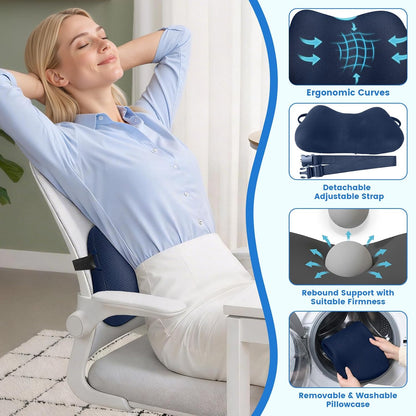 Lumbar Support Pillow, Memory Foam Back Cushion for Office Chair Car, Black | Ergonomic Lower Back Support with Adjustable Strap, Breathable Removable Cover for Couch, Wheelchair and Daily Comfort