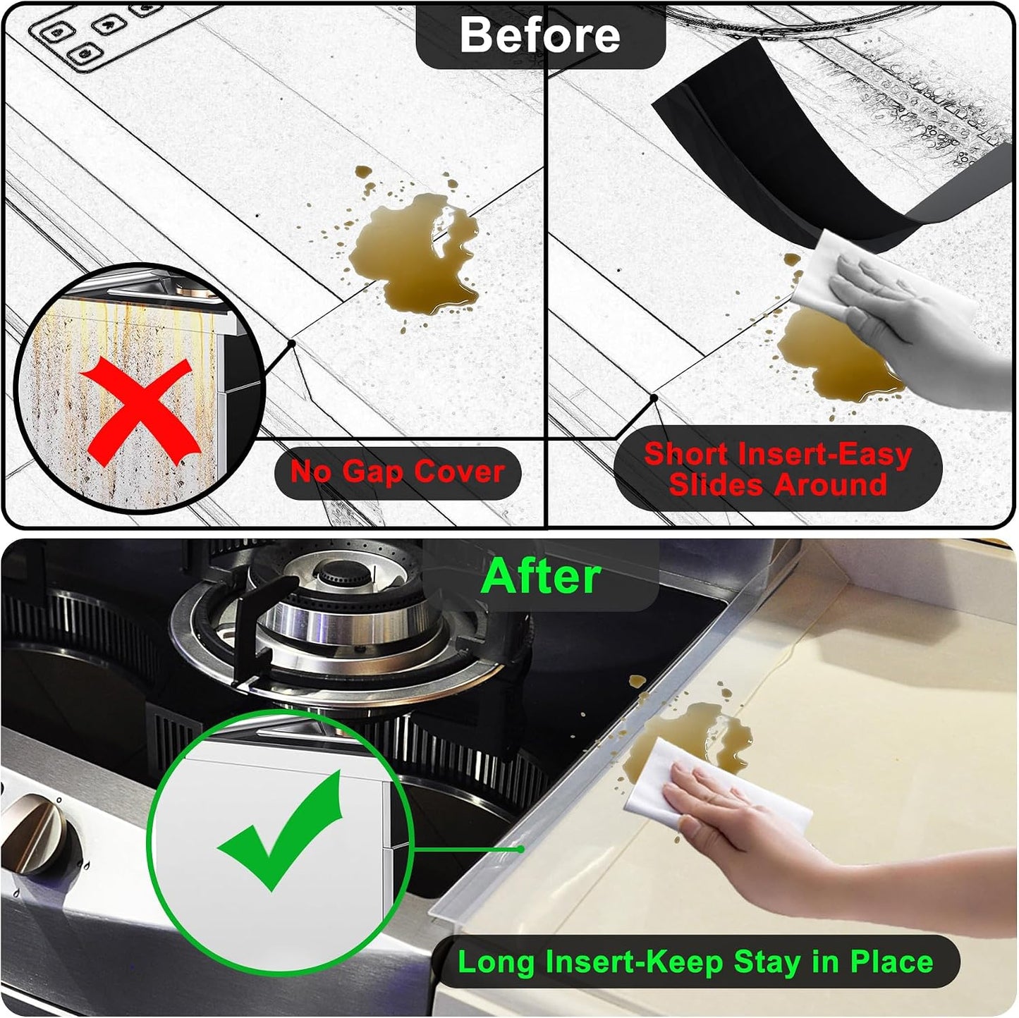 Silicone Stove Counter Gap Cover - 25 Inch Gap Filler 2 Pack Black | Long gap filler seals spills between kitchen appliances Stovetop oven countertop; stove gap cover, gas stove side gap covers
