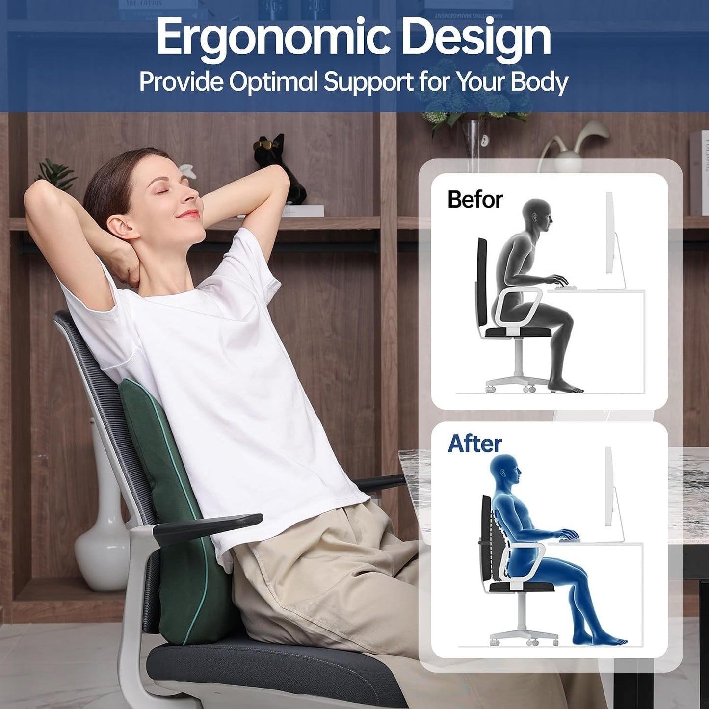 Soft Comfortable Memory Lumbar Support Pillow Back Cushion for Offic | Built-In Adjustable Straps Secure Reduce Back Soreness Pressure Distribution Breathable Premium Fabric Long-lasting Support