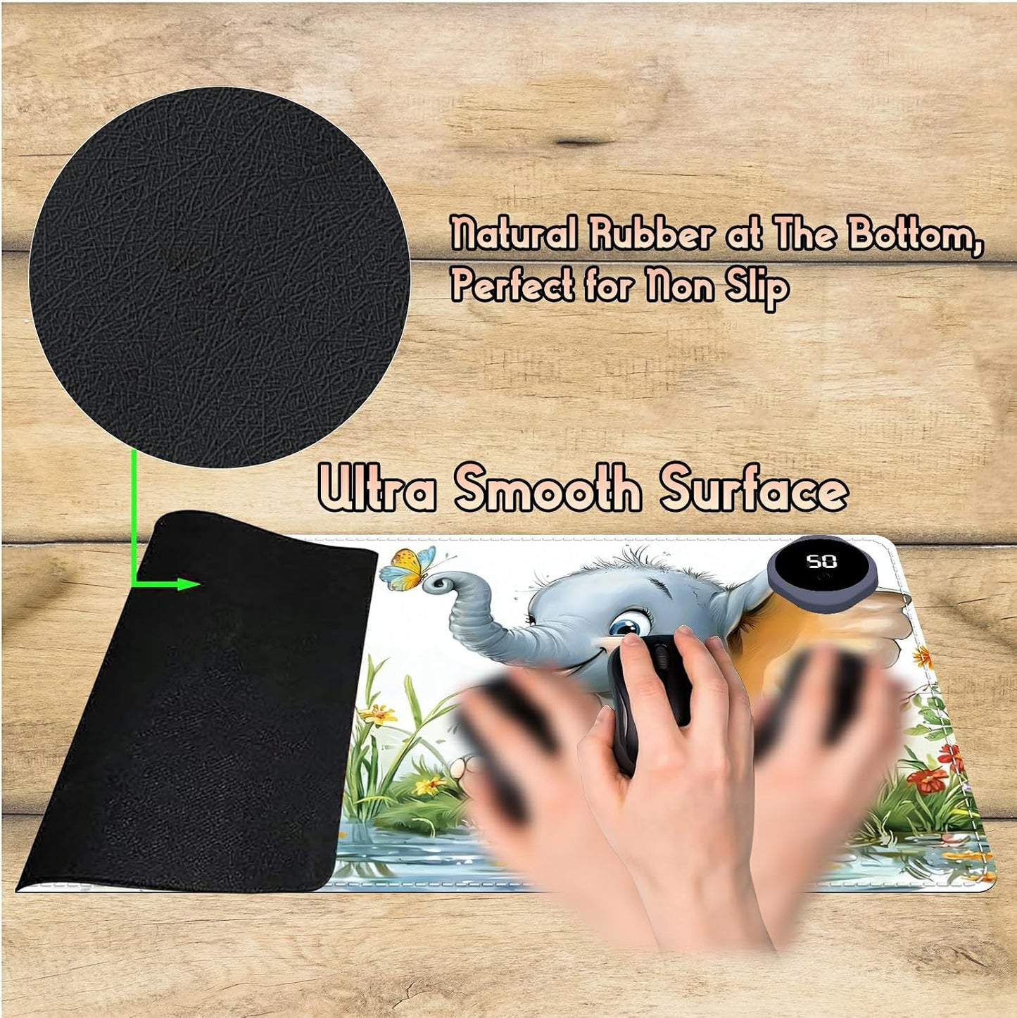 Heated Desk Pad Heated Large Mouse Pad, Electric Quickly Warm Desk Mat with 3 Levels Heating 3 Hours Auto Shut-Off, 31.5" x 13" Warm Gaming Mousepad Hand Foot Warmer, Baby Elephant