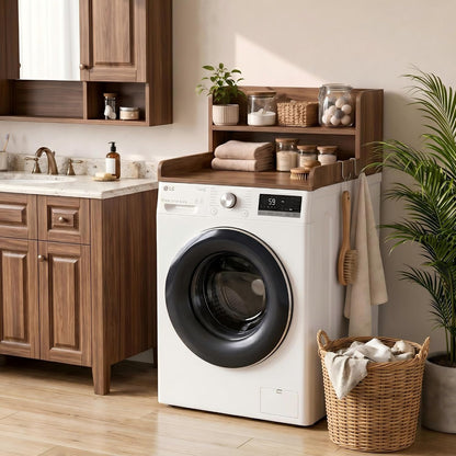 2-Tier Washer Dryer Countertop with Shelves & Metal Hooks, 27" W x 27.5" D Large Laundry Topper for Room Organization & Folding Clothes & Storage(Oak)
