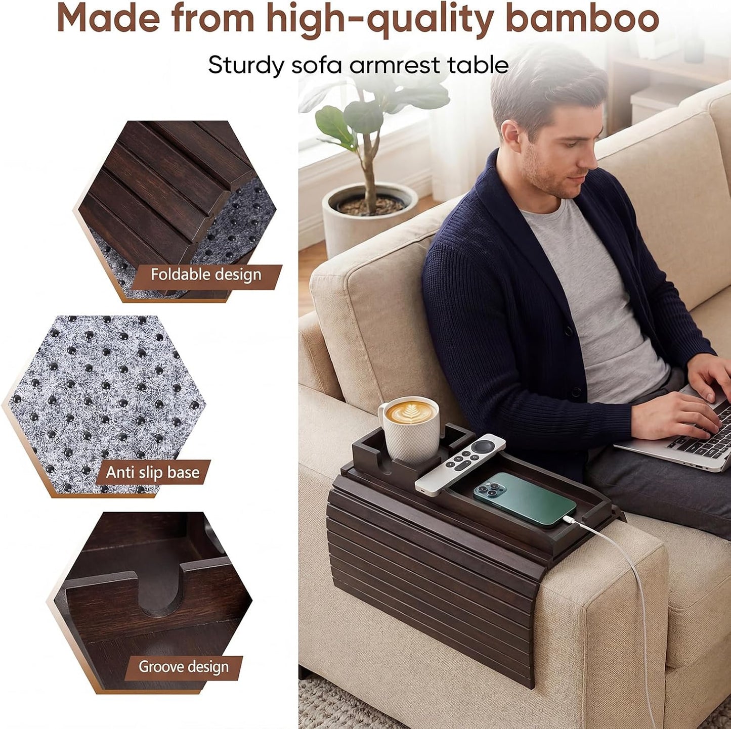 Bamboo Couch Arm Tray Table with Built-in Cup Holder, Foldable Anti-Slip Sofa Armrest Table for Drinks, Phone & Remote, Fits 4.7–16.9 in Armrests, Holds Cups up to 3.5 in Diameter (Bamboo)