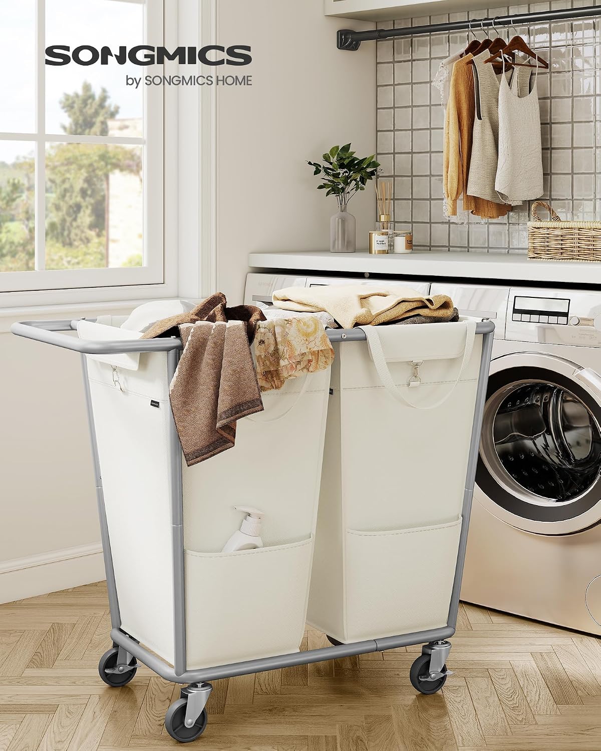 SONGMICS Laundry Basket with Wheels, 3-Section Laundry Sorter, 76.6 Gallons (290 L) Rolling Hamper with Removable Bags, Heavy-Duty Steel Frame, Cream White, Dark Gray and Ink Black URLS010X01