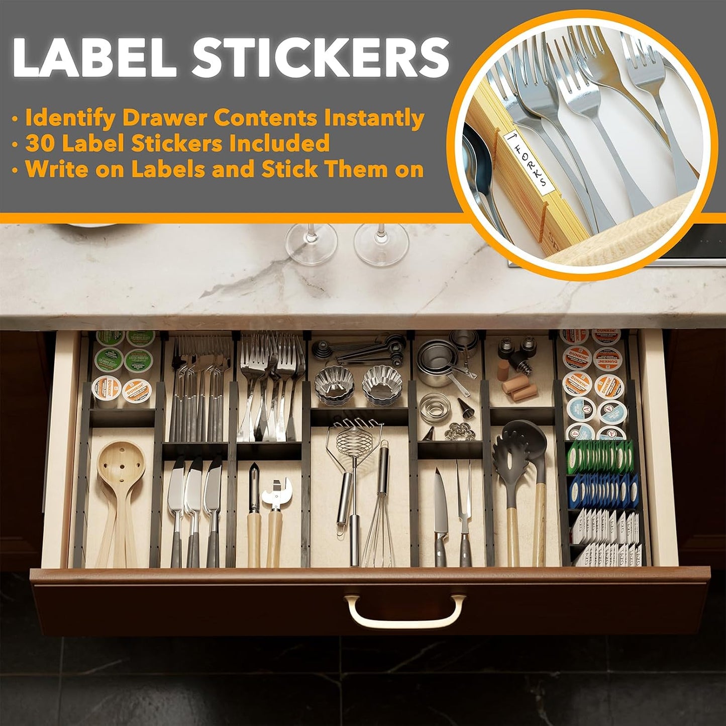 SpaceAid Bamboo Drawer Dividers with Inserts and Labels, Kitchen Adjustable Drawer Organizers, Expandable Organization for Home, Office, Dressers, 4 Dividers with 9 Inserts (17"-22" Natural)