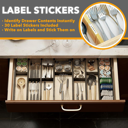 SpaceAid Bamboo Drawer Dividers with Inserts and Labels, Kitchen Adjustable Drawer Organizers, Expandable Organization for Home, Office, Dressers, 4 Dividers with 9 Inserts (17"-22" Natural)