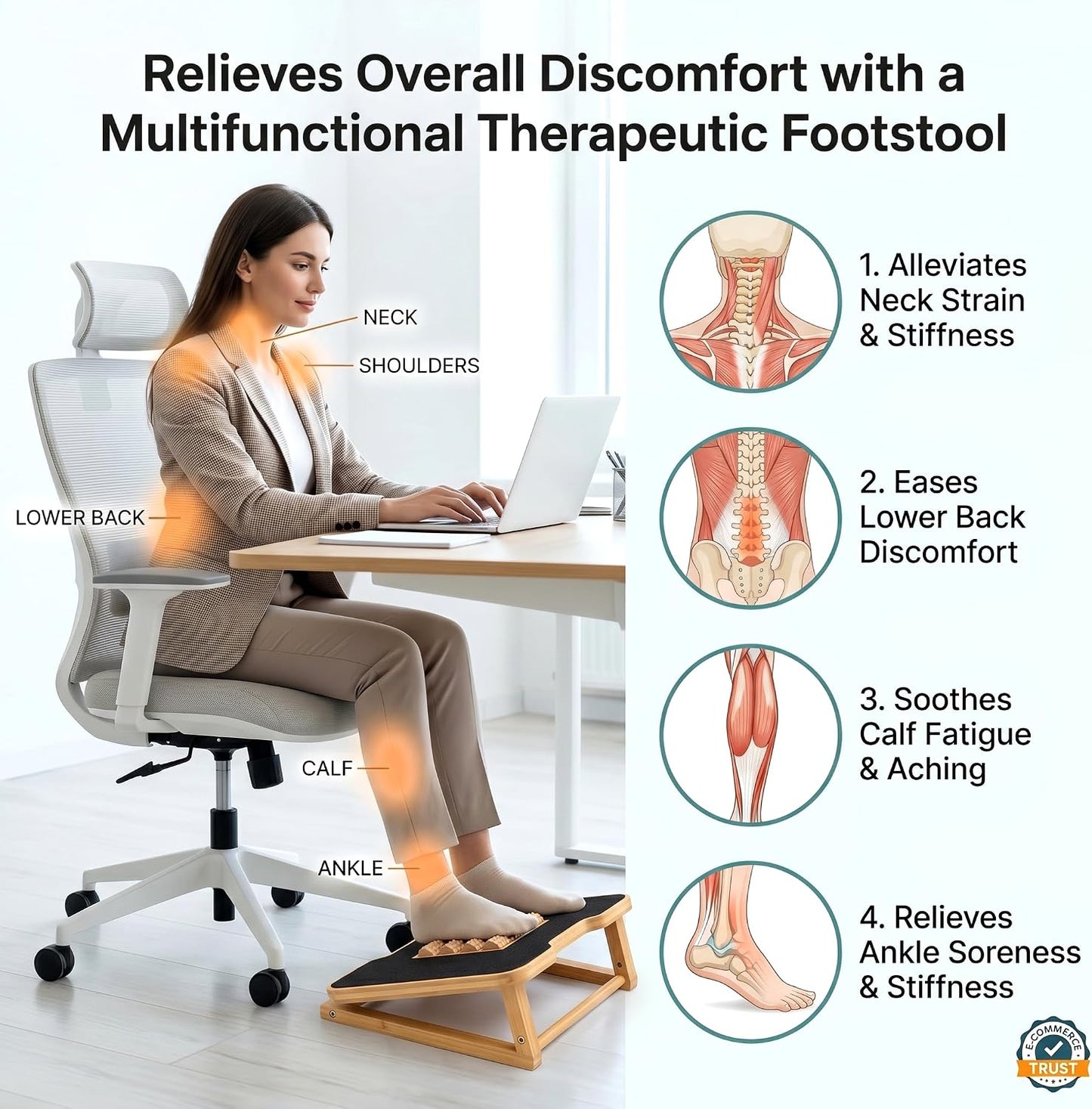 Bamboo Under Desk Foot Rest Foot Stool Rocking Footrest (Nature Semicircle) | Ergonomic Wooden Foot Stool with Non-Slip Surface
