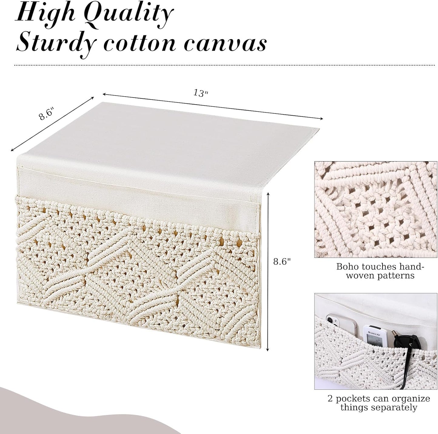 JaGely 2 Pcs 17.3 x 13 Inch Macrame Bedside Caddy Storage Organizer Hanging Boho Remote Control Holder Bedside Storage Basket for Home Couch Tablet Magazine Holder for TV Remote Control Living Room