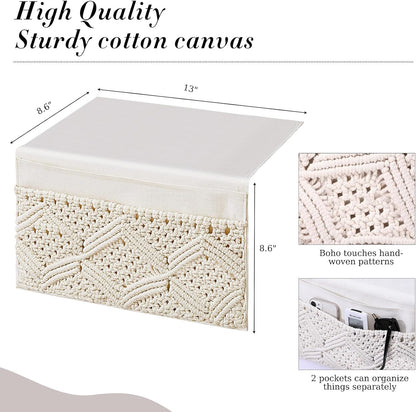 JaGely 2 Pcs 17.3 x 13 Inch Macrame Bedside Caddy Storage Organizer Hanging Boho Remote Control Holder Bedside Storage Basket for Home Couch Tablet Magazine Holder for TV Remote Control Living Room