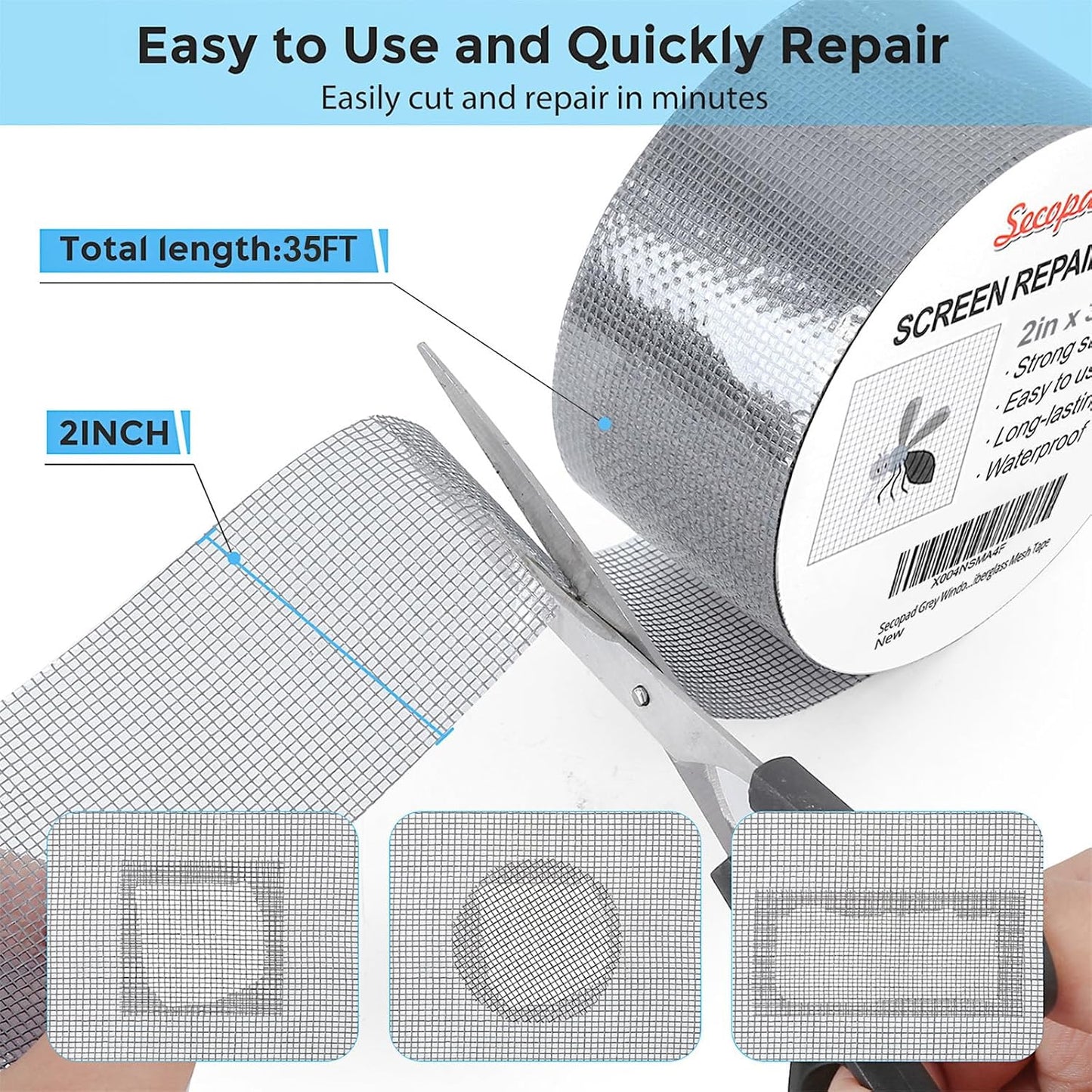 Secopad 2" x 180" (15FT) Screen Repair Tape, Screen Repair Kit, Black | Window Screen Patch, Quick Repair, Strong Adhesive, Easy to Use, For Mesh Window & Door, Cuttable Fiberglass, No Tools Needed