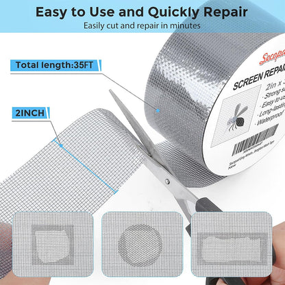 Secopad 2" x 180" (15FT) Screen Repair Tape, Screen Repair Kit, Black | Window Screen Patch, Quick Repair, Strong Adhesive, Easy to Use, For Mesh Window & Door, Cuttable Fiberglass, No Tools Needed