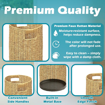 Rattan Umbrella Holder 21"H X 10"D, Handmade Wicker Umbrella Stand Indoor with Dip Tray, Sturdy Umbrella Holders for Entryway, Umbrella Bucket Fits Mudroom,Walking Canes,Home,Office (Brown)