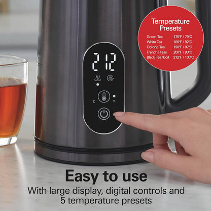 Hamilton Beach Digital 1.7L Electric Tea Kettle, Water Boiler & Heater | Fast Boiling 1500 Watts |Temp Control + 5 Presets | BPA Free | Cordless Serving | Auto-Shutoff & Boil-Dry Protection | Black