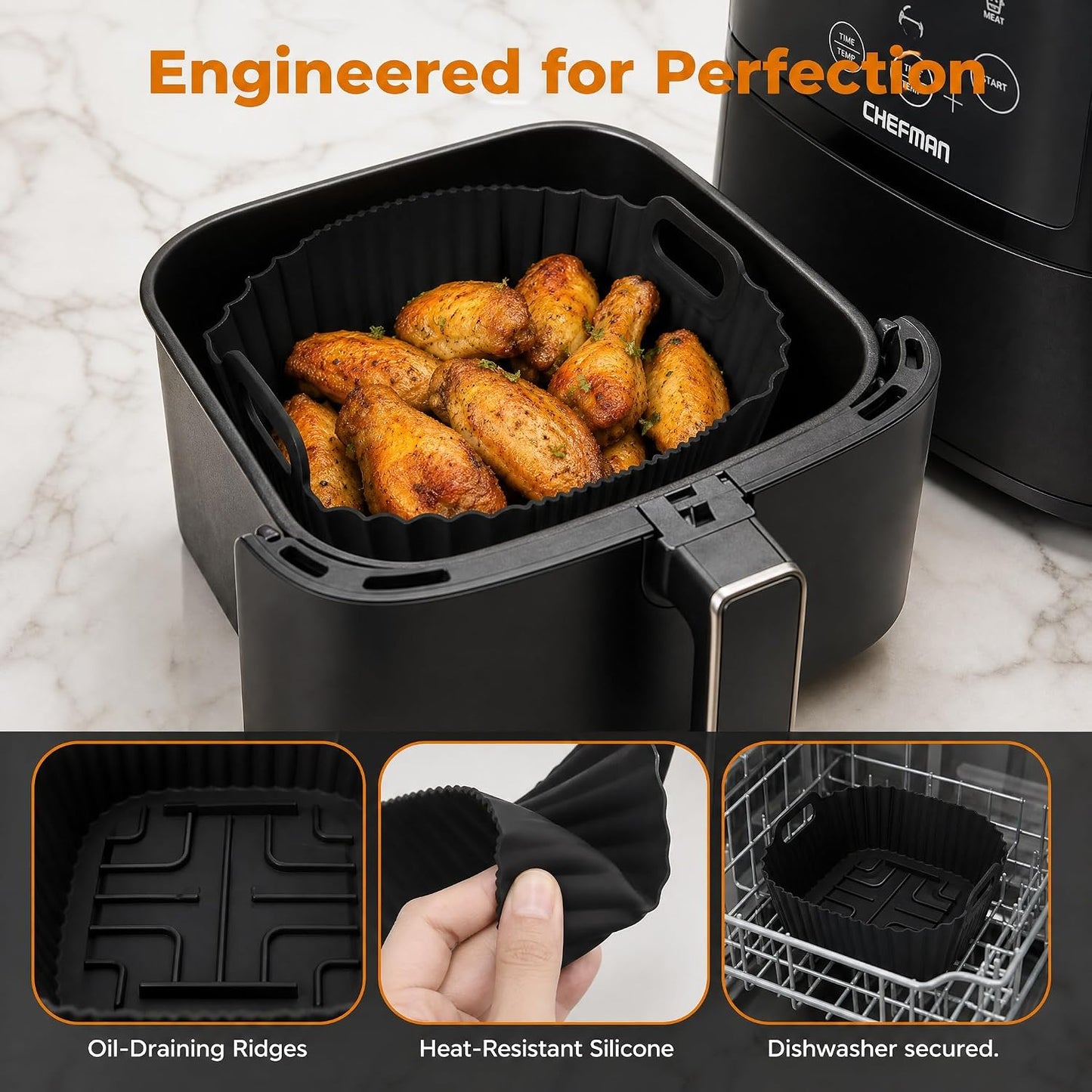 Silicone Air Fryer Liners Accessories For Chefman 4 Qt Compact Airfryer, Reusable Silicone Air Fryer Mats Square, Dishwasher Safe Airfryer Accessories Basket For RJ38-4TW-BLACK & RJ38-4T-BLACK