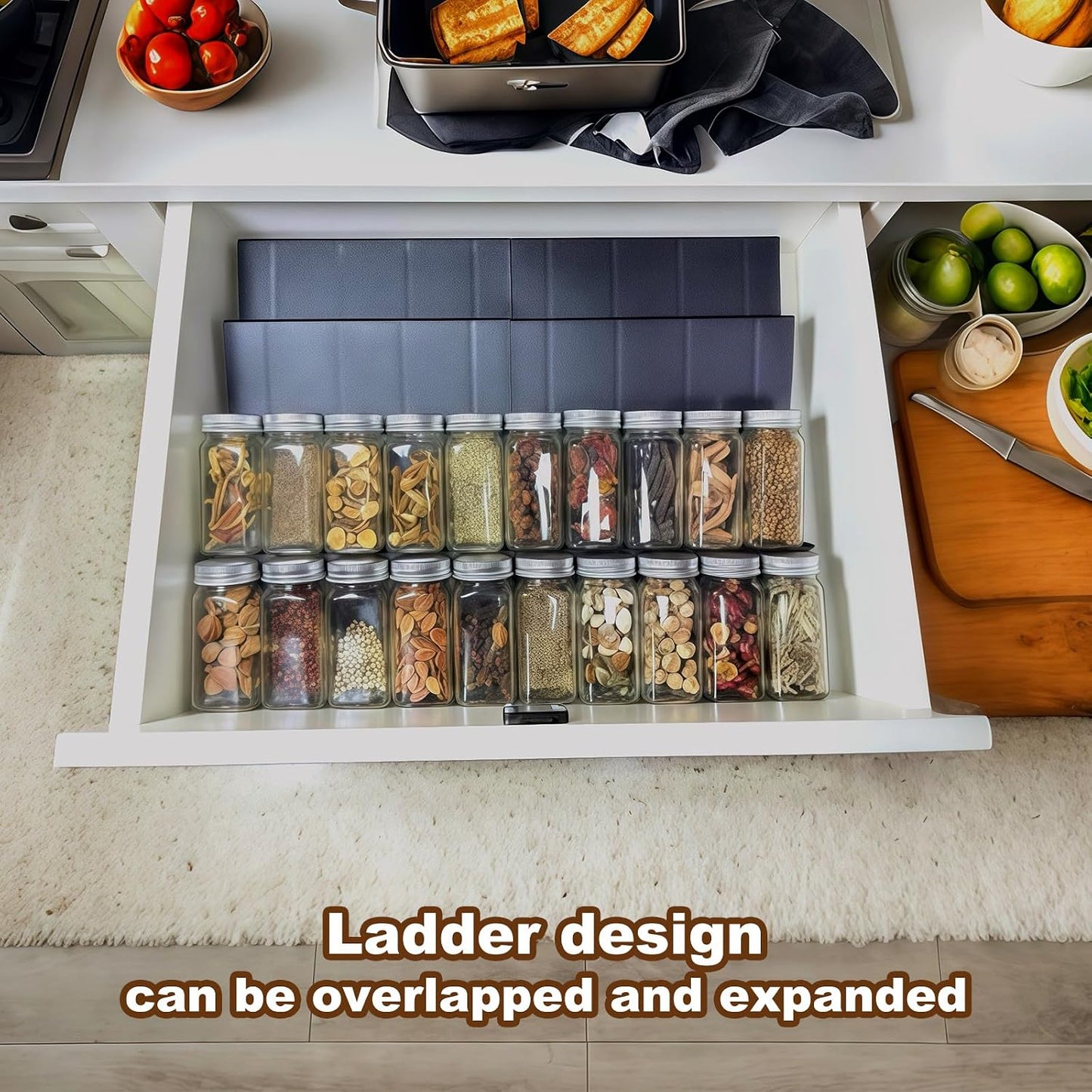 Spice Organizer for Drawer, 4 Pcs Clear Acrylic Drawer Seasoning Organizer, Expandable From 11'' to 22'' Spice Drawer Organizer, Ideal for Kitchen Spice Organization (Jars not included)