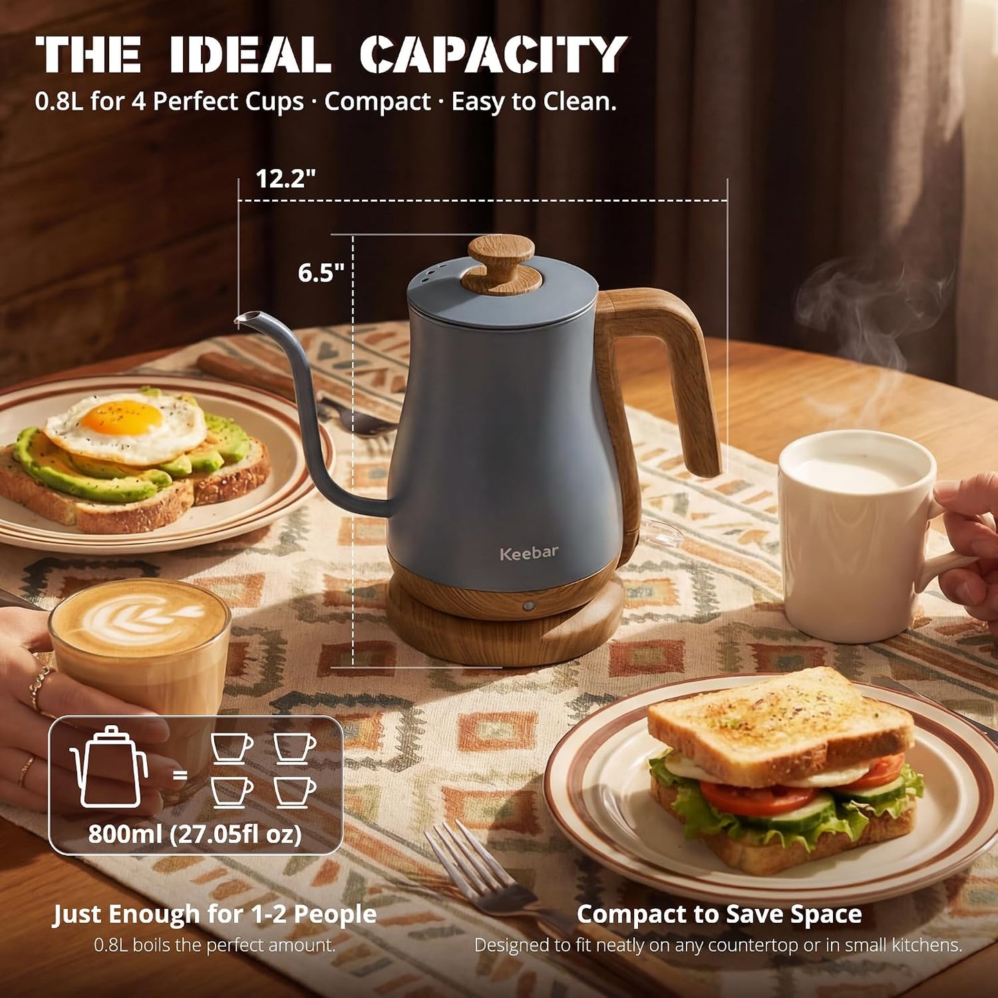 Gooseneck Electric Kettle, 0.8 L, 1000 W, Auto Shut-Off, Light Green | Compact 0.8 L Kettle With Stainless Steel Interior, Gooseneck Pour, Wood-Grain Handle, Auto Shut-Off And Boil-Dry Protection