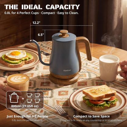 Gooseneck Electric Kettle, 0.8 L, 1000 W, Auto Shut-Off, Light Green | Compact 0.8 L Kettle With Stainless Steel Interior, Gooseneck Pour, Wood-Grain Handle, Auto Shut-Off And Boil-Dry Protection
