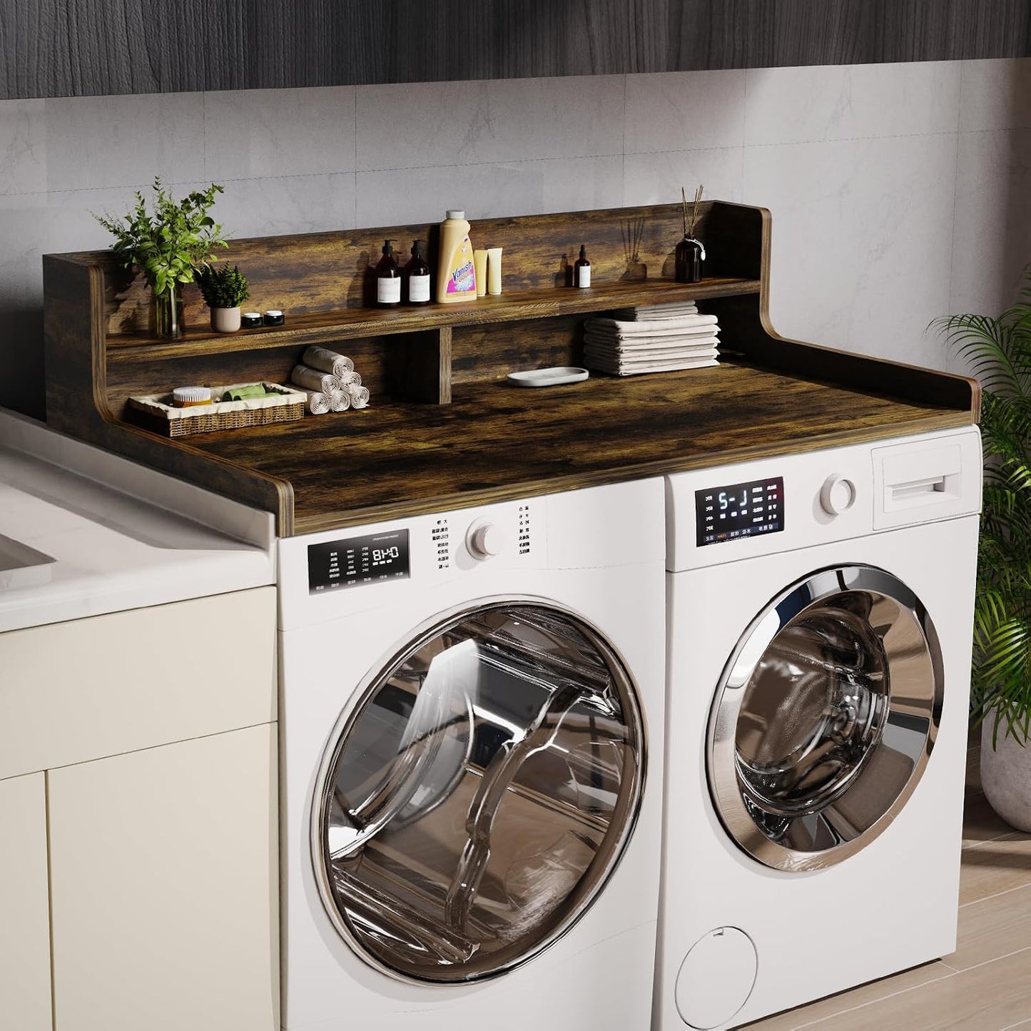 Washer Dryer Countertop, 54" x 27.55" 2-Tier Washer Dryer Topper with Edge, for Laundry Room Organization Oak