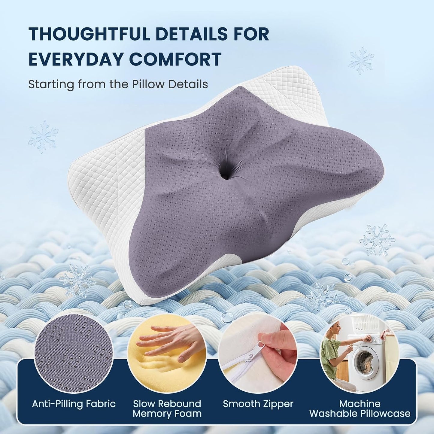 Sweetcrispy Cervical Pillow for Neck and Shoulder - Ergonomic Memory Foam Pillows, Contour Side Sleeper for Adults, Cooling Orthopedic Neck Support for Back Stomach Sleepers, White
