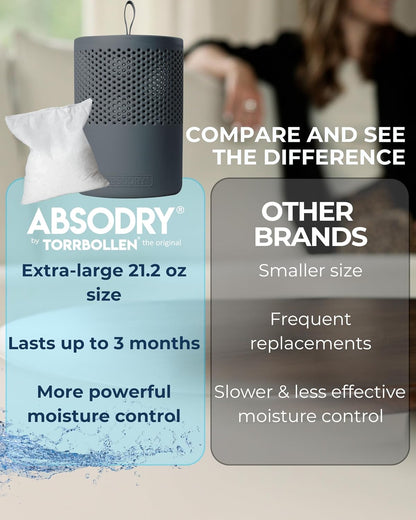 Closet dehumidifier - Absodry by Torrbollen Moisture Absorber 1.3lb Bag — Dehumidifier for Bedroom, humidity absorber, Air Freshener and Purifier for Home Up to 90 Days, 269 ft² (White)
